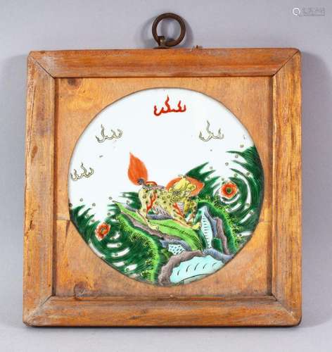 A CHINESE FAMILLE VERTE FRAMED PORCELAIN PANEL - the plaque ...