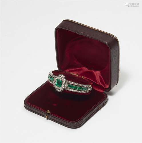 A Napoleon III 18k gold diamond and Colombian emerald bangle