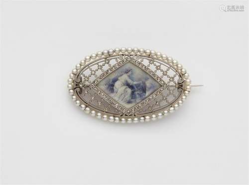 A Belle Epoque platinum brooch with a gouache on ivory minia...