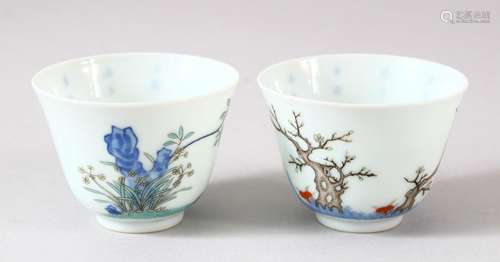 TWO CHINESE PORCELAIN CUPS, painted with native flora and sc...