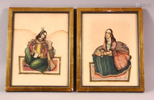 TWO INDIAN MINIATURE PAINTINGS, each with a seated female, f...