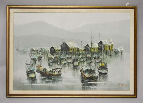 A LARGE CHINESE OIL ON CANVAS PAINTING BY F.C CHEUNG - A Wat...