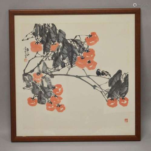 A 20TH CENTURY CHINESE INKWORK PICTURE OF BIRDS AND PEACH TR...