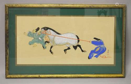 A CHINESE 20TH CENTURY WATERCOLOUR ON PAPER OF FIGURES AND H...