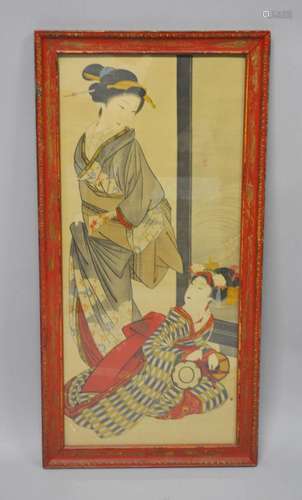 A JAPANESE PAINTING ON SILK OF TWO GEISHA GIRLS - one seated...