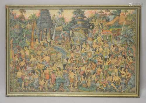 A GOOD BALINESE WATER COLOUR PAINTING ON CANVAS - BALI - MAN...