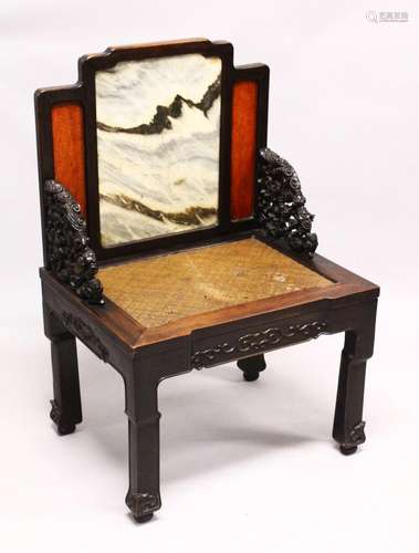 A FINE CHINESE CARVED HARDWOOD, MARBLE AND BURR ARMCHAIR, th...