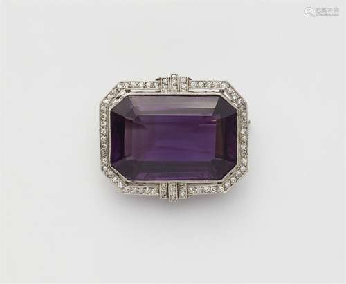 An Art Déco 14k white gold amethyst brooch