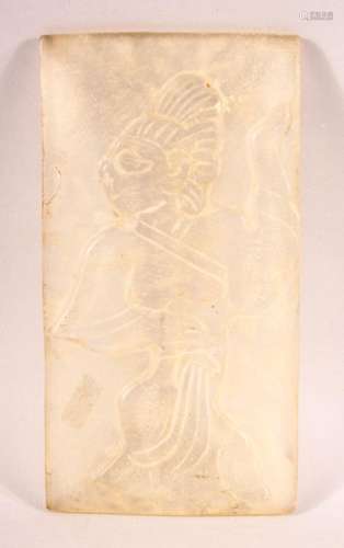 AN INDIAN CARVED / MOULDED GLASS PANEL OF A FIGURE, 18cm x 9...