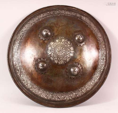 A FINE 19TH CENTURY INDIAN SILVER INLAID STEEL DHAL SHIELD, ...