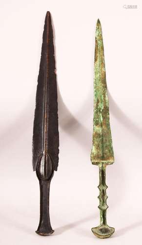 TWO PERSIAN LURISTAN BRONZE DAGGERS, 41.5cm and 40cm.