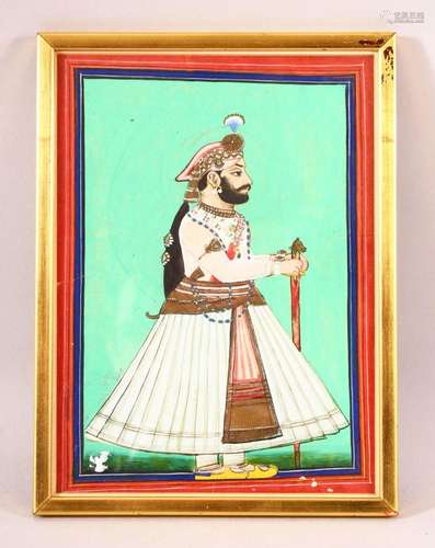 AN INDIAN MINIATURE PAINTING OF A NOBLEMAN - stood in his at...