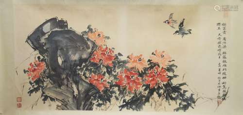 A LARGE ELABORATE CHINESE SCROLL PAINTING of birds aside roc...