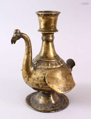 A 18TH CENTURY INDIAN BIRD FORM BRASS HUQQA BASE, 24cm high.