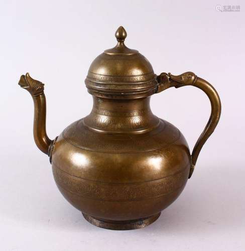 AN 18TH CENTURY MUGHAL INDIAN BRASS EWER, with animal formed...