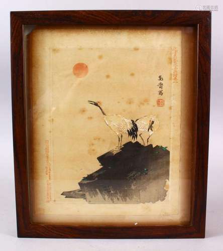 A JAPANESE MEIJI PERIOD WOODBLOCK PICTURE OF TWO CRANES, bot...