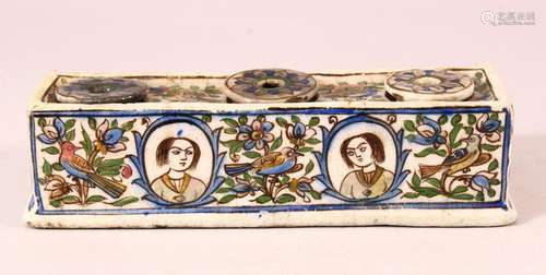 A GOOD PERISAN QAJAR POTTERY INKWELL - with floral decoratio...