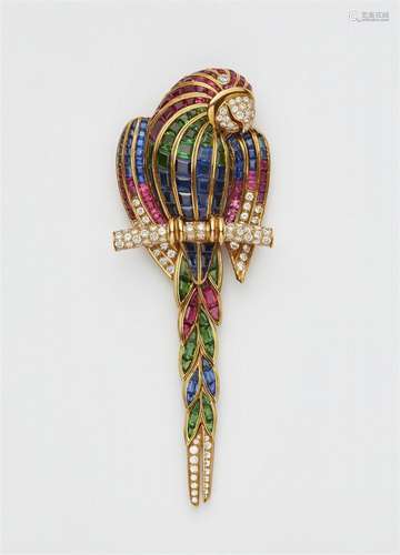 An 18k gold diamond and gemstone clip brooch "parrot&qu...