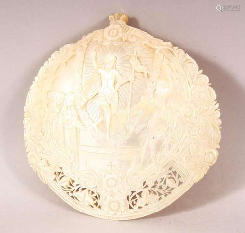 A FINE 19TH CENTURY JERUSALEM CARVED MOTHER OF PEARL SHELL, ...