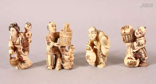 FOUR JAPANESE MEIJI PERIOD CARVED MAMMOTH IVORY NETSUKE - ea...