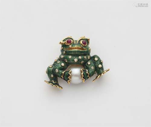 An 18k gold enamel and pearl “frog king“ brooch