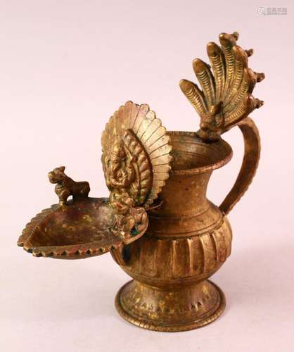 AN INDIAN BRONZE OIL POURER VESSEL, 18cm