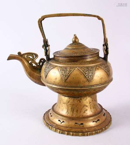 A CHINESE TIBETAN BRASS KETTLE & COVER, of tapered form ...