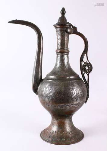 A LARGE 19TH ISRAEL TINNED COPPER EWER, with floral carved d...