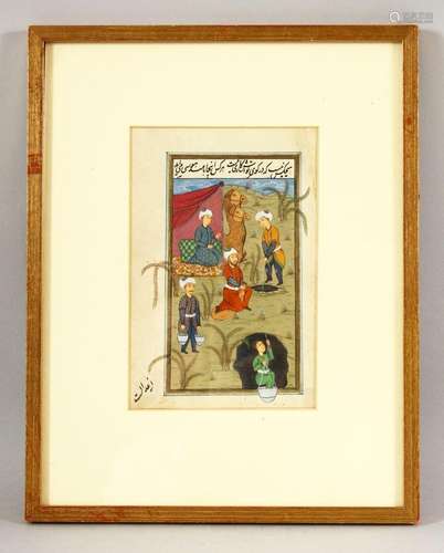 AN ISLAMIC MINIATURE PAINTING, depicting figures and camels ...