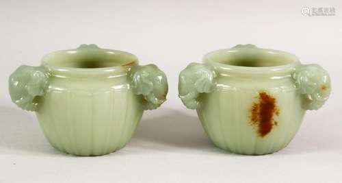 A GOOD SMALL PAIR OF CARVED JADE CIRCULAR RIBBED CENSERS, wi...