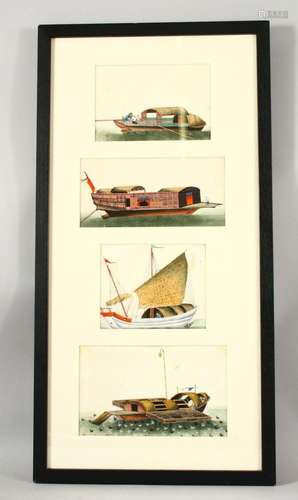 FOUR CHINESE PITH PAINTINGS, each depicting different styles...