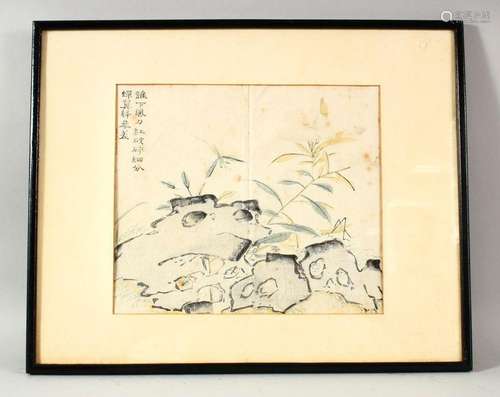 A JAPANESE PRINT, depicting flowers and rocks, 13cm x 26cm.