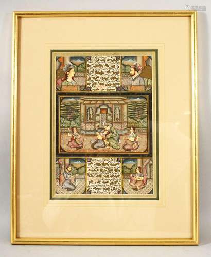 AN INDIAN SCHOOL MINIATURE PAINTING with central panel depic...