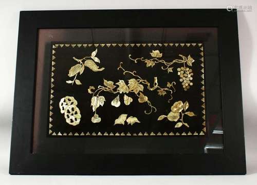 A CHINESE DECORATIVE LACQUER PANEL INLAID WITH MOTHER OF PEA...