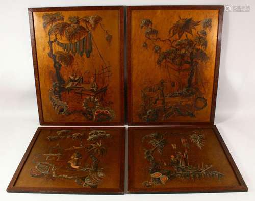 A SET OF FOUR CHINESE CHINOISSERIE PAINTED LACQUER PANELS, t...