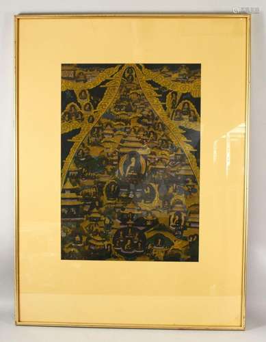 A GOOD LARGE TIBETAN THANKA, framed and glazed, 70cm x 49cm.