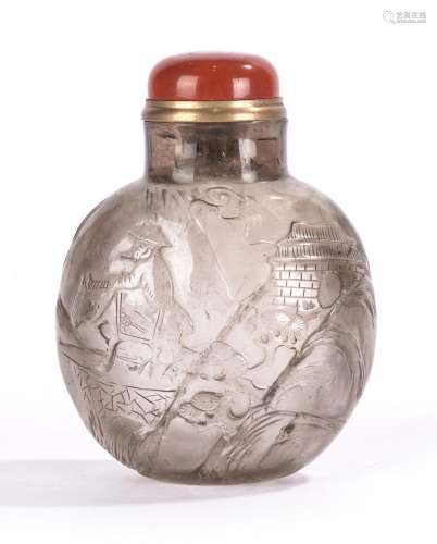 Chinese Smoky Crystal Figure in Landscape Snuff Bottle