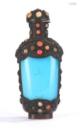 Chinese Silver Wrapped Bead Inlaid Turquoise Snuff Bottle