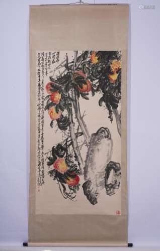 Chinese Watercolor Peach Tree Painting Scroll