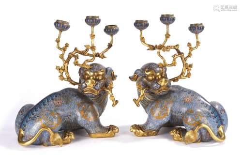 Very Rare Chinese Cloisonne Enamel Qilin Candlestick Pair