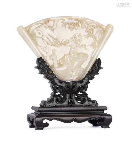 Impressive Chinese White Jade Fan Shape Figure Table Screen