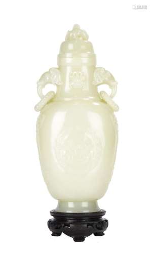 A Nephrite White Jade Vase with Elephant Handles