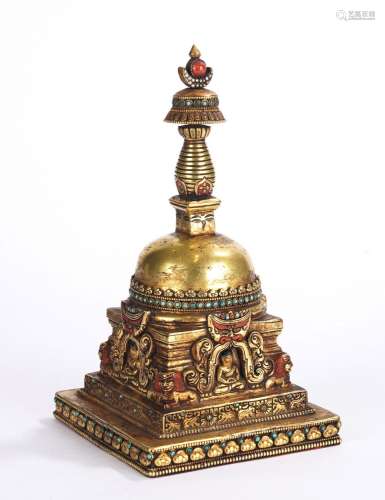 Tibetan Gilt Bronze Bead Inlaid Stupa Model