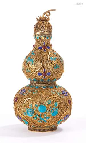 Chinese Gilt Silver Filigree Kingfisher Feather Inlaid Vase
