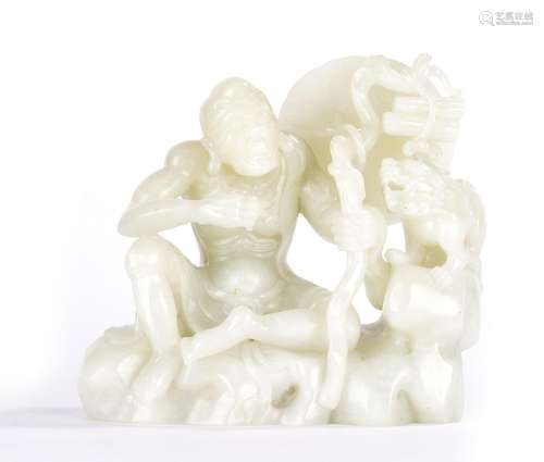 Chinese White Jade Luohan and Tiger Group