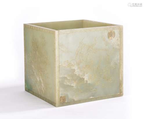 Chinese Celadon Jade Gilt Cubic Brushpot