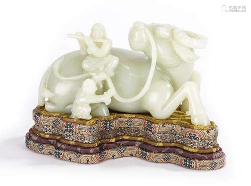 Chinese White Jade Carved Boys and Buffalo