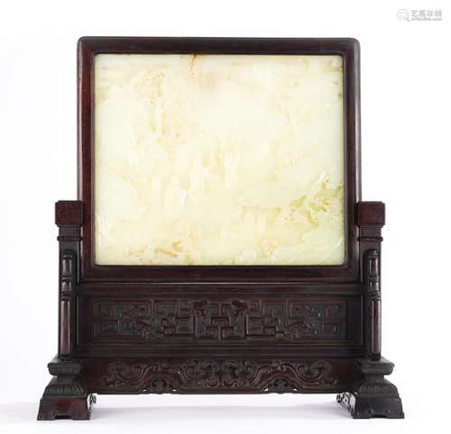 Chinese White Jade Carved Landscape Zitan Table Screen