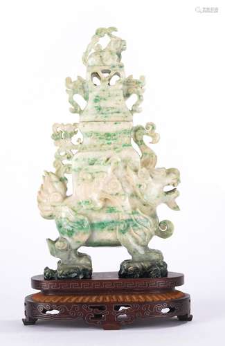 Chinese Jadeite Carved Qilin Vase and Cover