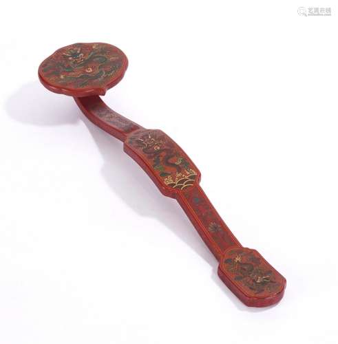 Chinese Painted Red Lacquer Dragon Ruyi Scepter